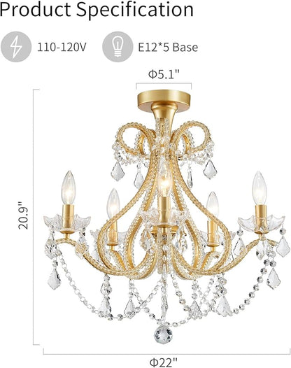 WUZUPS 5-Light Crystal Candle Chandelier Flushmount Ceiling Light Modern Lighting Fixture for Bedroom Hallway Bar Kitchen Bathroom, H 20.9" W 22", E12 Base, Gold