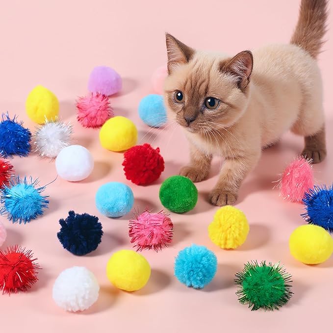 30 Pcs Cat Pom Pom Balls Assorted Color Sparkle Ball for Indoor Cats, Interactive Cats Toys Fuzzy Cat Balls Tinsel Glitter Chase Poms Poms Ball for Exercise and Entertainment-Mewly Pet