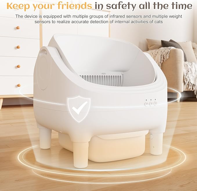 Greesum Automatic Self-Cleaning Litter Box for Cats - Open-Top Design, Easy Odor Control, Smart APP Control, 15L Large Waste Bin, Includes Trash Bags & Mat (White)-Mewly Pet