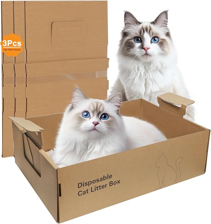 3-Pack Disposable Litter Boxes for Cats,Disposable 100% Renewable Cardboard Foldable Litter Boxes,Large-Capacity Portable Cardboard Cat Litter Box,Waterproof Travel Litter Box,17.2'' x 12.2'' x 5.3''-Mewly Pet