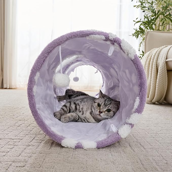 Straight Cat Tunnel for Indoor Cats 47"x12", Cute Cat Toys Collapsible Tunnel Tube with Balls for Puppy Kitten Rabbit, Purple Flower-Mewly Pet
