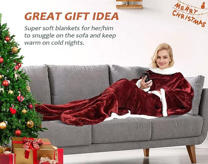 Catalonia Sherpa Wearable Blanket with Sleeves & Foot Pockets for Adult Women Men, Comfy Snuggly Wrap Sleeved Throw Blanket Robe, Gift Idea, Wine