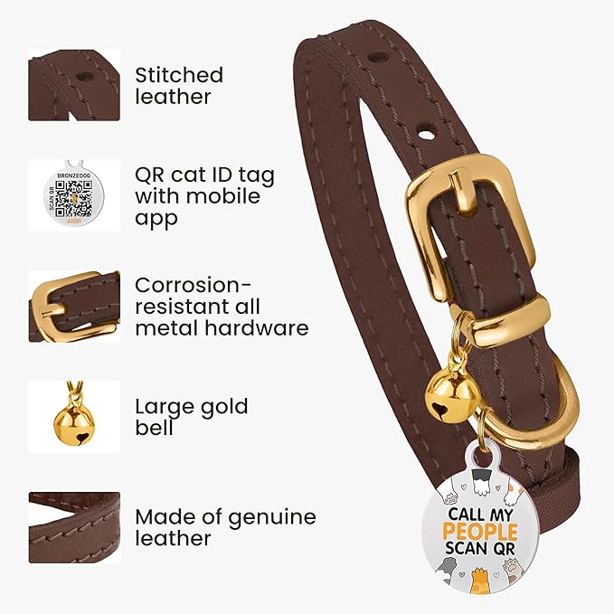 BRONZEDOG Leather Cat Collar with Removable Bells Non Breakaway Kitten QR Tag for Girl Boy (9" - 12" Cats/Mini Dogs, Dark Brown & Gold)-Mewly Pet