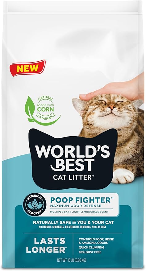 WORLD'S BEST CAT LITTER Poop Fighter Maximum Odor Defense, 15-Pounds - Natural Ingredients, Quick Clumping, Flushable, 99% Dust Free & Made in USA - Long-Lasting Odor Control & Easy Scooping-Mewly Pet