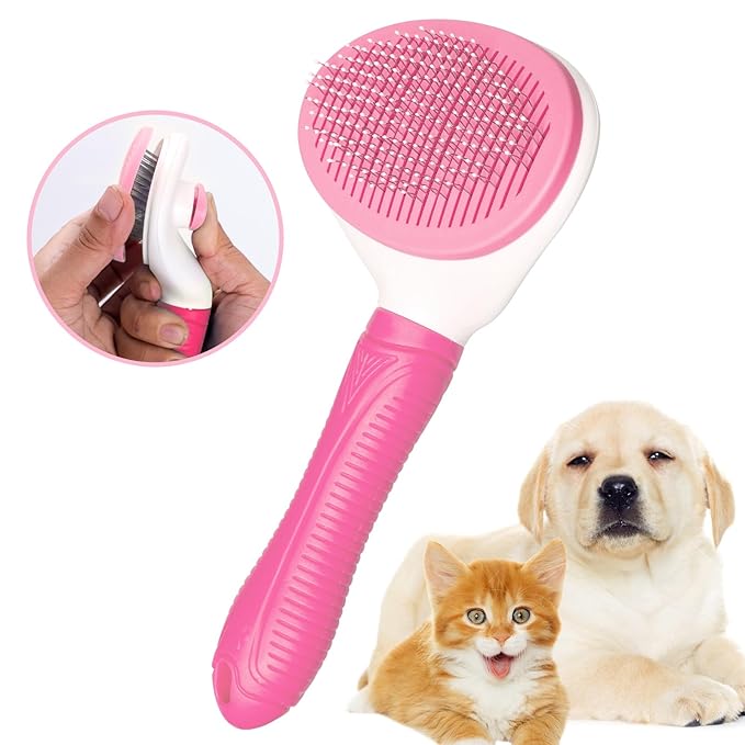 Self Cleaning Slicker Brush for Pet Grooming - Removes Loose Undercoat and Sheds, Suitable for Long and Short Hair Cats and Dogs, with Massaging Bristles (Pink)-Mewly Pet