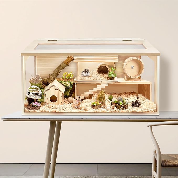 Prolee Hamster Cage Chewproof Wood, Mice and Rat Habitat Openable Top with Acrylic Sheets Solid Built, Small Animal Cage, 40 Inch Length-Mewly Pet