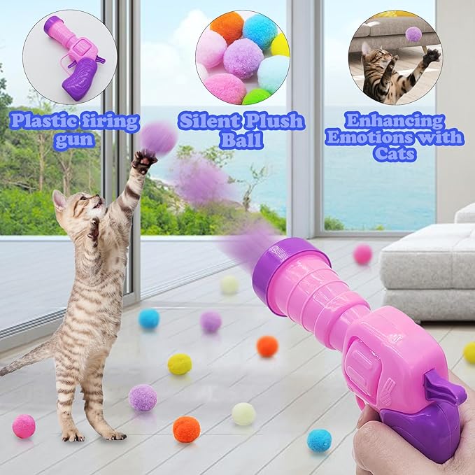 Andiker Plush Pom Pom Balls Set - Interactive Cat Toy (30pcs - Pink: 100balls, Launcher Set)-Mewly Pet