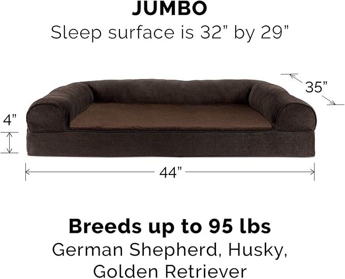 Furhaven Cooling Gel Dog Bed for Large Dogs w/ Removable Bolsters & Washable Cover, For Dogs Up to 95 lbs - Sherpa & Chenille Sofa - Coffee, Jumbo/XL-Mewly Pet