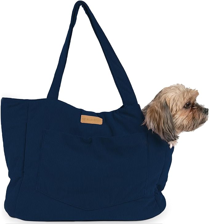 Corduroy Dog Carrier - Lightweight Cotton Soft-Sided Pet Tote with Safety Harness Clip - Breathable Travel Carrier for Small Dogs and Puppies (Dark Blue)-Mewly Pet
