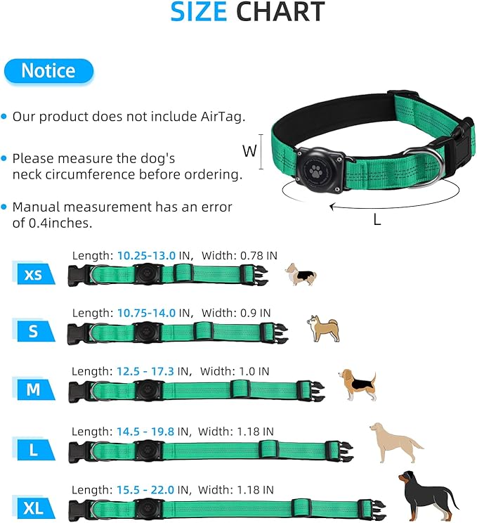 Upgraded AirTag Dog Collar, IP68 Waterproof Air Tag Dog Collar Holder, Reflective, Ultra-Durable, Comfortable Padded, Heavy Duty Dog Collars for Small Medium Large Dogs (S (10.6"-13.6"), Teal)-Mewly Pet