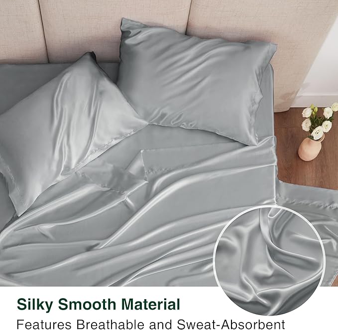 Love's cabin Twin Satin Sheets Sets - 3 Piece Silver Silky Bed Sheets with Deep Pockets, Luxury Silk Feel Satin Twin Size Sheet Set Bedding Set (1 Flat Sheet,1 Fitted Sheet,1 Pillow case)