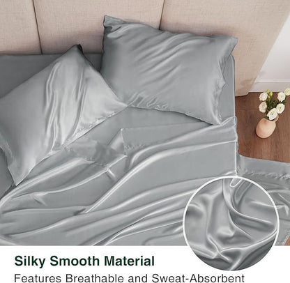 Love's cabin Full Size Satin Sheet Sets - 4 Piece Silver Silky Sheet Set with Deep Pocket, Luxury Silk Feel Satin Sheets Full Bedding Set (1 Flat Sheet,1 Fitted Sheet,2 Pillow Cases)