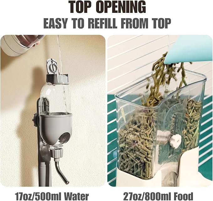 Automatic Pet Food Water Dispenser, Auto Gravity Pet Feeder Water Bottle Set for Crate Cage, Feeding Station for Small Dog Cat Rabbit Guinea Pigs Chinchilla Ferret Hedgehog (Gray)-Mewly Pet