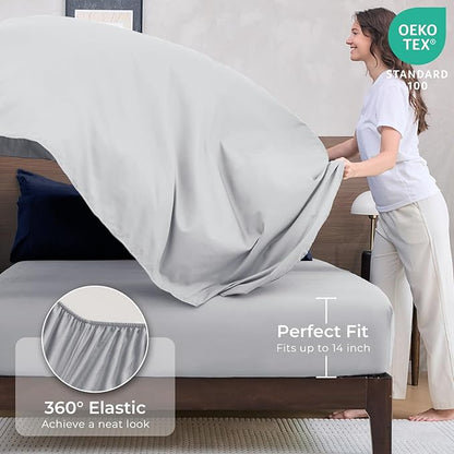 HEVUMYI King Comforter Set - 7-Piece All Season Bed in a Bag King, Ultra Soft Bedding Set with Comforter, Flat Sheet, Fitted Sheet, Pillowcases, Pillow Shams, Navy Blue & Light Grey