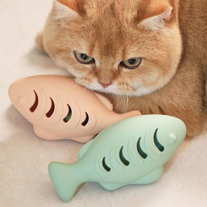 Cat Toys for Indoor Cats, Fish Shape Chew Catnip Toys for Teeth Clean, Food Grade Silicone Cat Enrichment Toy, Interactive Kitten Teething Toys with 1 Cat Nip Ball, Orange, 2 Pcs-Mewly Pet