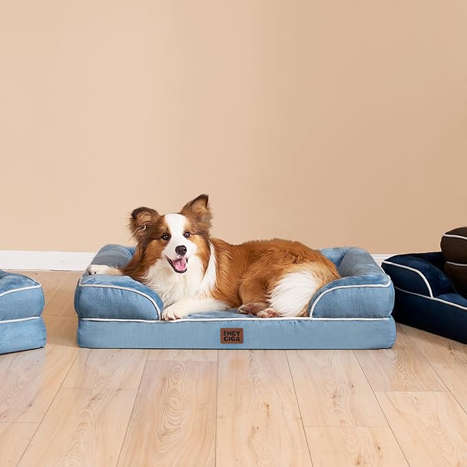 EHEYCIGA Orthopedic Dog Beds for Extra Large Dogs, Waterproof Memory Foam XL Dog Bed with Sides, Non-Slip Bottom and Egg-Crate Foam Big Pet Bed with Washable Removable Cover, Washed Blue-Mewly Pet