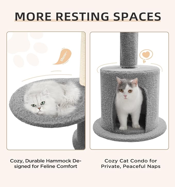 Made4Pets Floor to Ceiling Cat Tree 93-106'',Tall Cat Tower 5 Tiers,Adjustable Height, Stable Cat Tree Tower with Scratching Posts, Fluffy Condo, Hammock and Ball Toy for Indoor Cats/Kitten, Gray-Mewly Pet