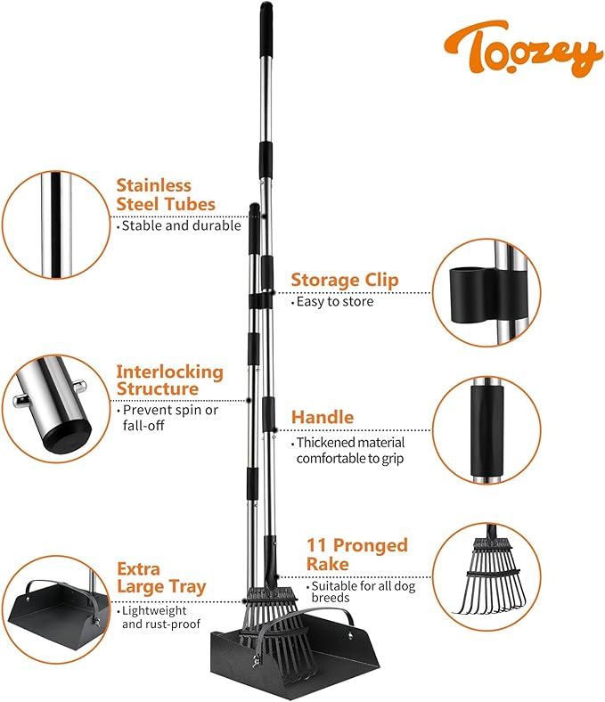 Toozey Dog Pooper Scooper, Extra Large Stainless Steel Tray Long 54" Handle, Easy Cleanup for All Dog Sizes, Includes 20 Bags-Mewly Pet