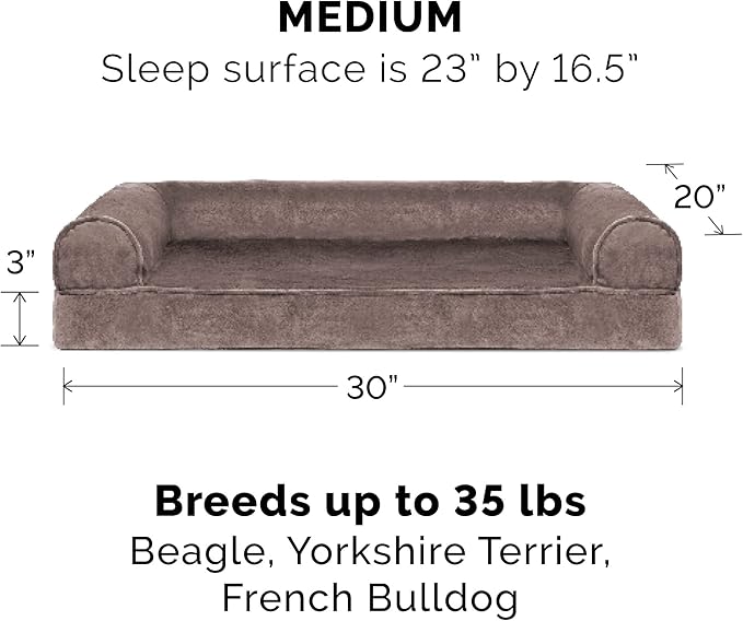 Furhaven Cooling Gel Dog Bed for Medium/Small Dogs w/ Removable Bolsters & Washable Cover, For Dogs Up to 35 lbs - Faux Fur & Velvet Sofa - Driftwood Brown, Medium-Mewly Pet