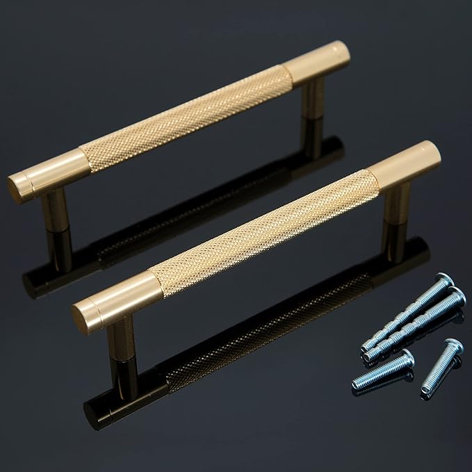 Knurled Cabinet Pulls 25 Pack, 6 Inch Long Cabinet Handles Metal Door Pulls, Kitchen Drawer Pull Knurled Dresser Handles - 5" Hole to Hole, Golden
