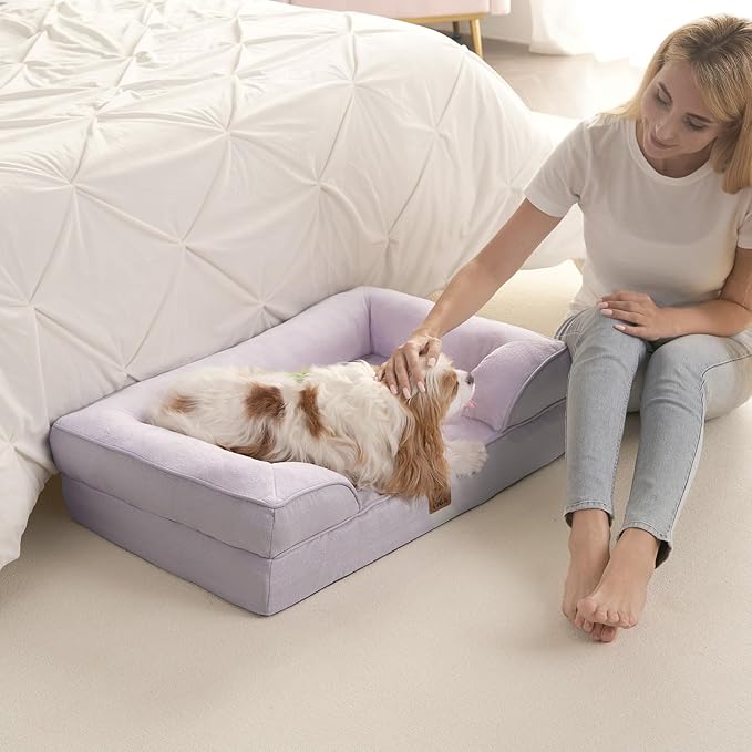 EHEYCIGA Orthopedic Dog Beds for Large Dogs, Waterproof Memory Foam Large Pet Bed with Sides, Non-Slip Bottom and Egg-Crate Foam Dog Couch Bed with Washable Removable Cover, Lilac-Mewly Pet