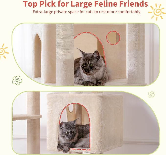 Hey-brother Tall Cat Tree Tower, Heavy Duty Scratching Posts with Large Platforms, Cozy Condos, Big Hammock, Toy Balls, Multi-Level Furniture for Indoor Adult Cats, 80.7 Inches, Beige MPJ039M-Mewly Pet