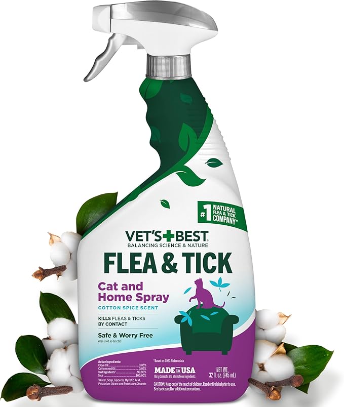 Vet’s Best Flea & Tick Home Spray for Cats – Plant-Based Flea and Tick Treatment with Cotton Spice Scent – Gentle Flea Mist for Indoor Use – Made in USA Natural Cat Flea Control – 32 oz-Mewly Pet