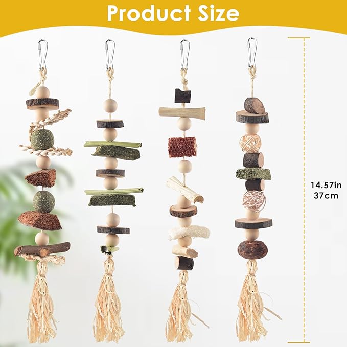 4 Pcs Bunny Chew Toys for Teeth, Hanging Rabbit Chewing Toy Treats with Timothy Grass & Natural Apple Wood, Improve Small Rodent Dental Health for Guinea Pig Hamster Chinchilla Rat Gerbil-Mewly Pet