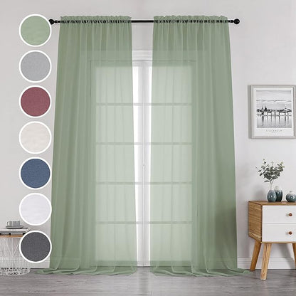 OWENIE Sage Sheer Curtains 144 inch Extra Long, Elegant and Airy Drapes Translucent Window Treatments for Living Room/Bedroom, Sage Green, 2 Panels=84" Wide