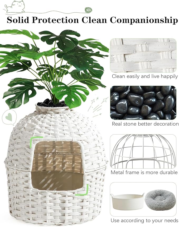 Cat Litter Box Plant Enclosure, Hidden Handwoven Rattan with Cat Litter Box Furniture and Artificial Plants, Odor Control Filter, Real Stones in Living Room, Bedroom, Corner (White)-Mewly Pet