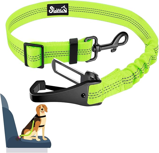 SlowTon Dog Seat Belt, Adjustable Dog Safety Belt Leash, 2 in 1 Latch Bar Attachment Dogs Car Seatbelt with Elastic Nylon Bungee Buffer, Reflective Nylon Belt Tether(VL,35.5in)-Mewly Pet