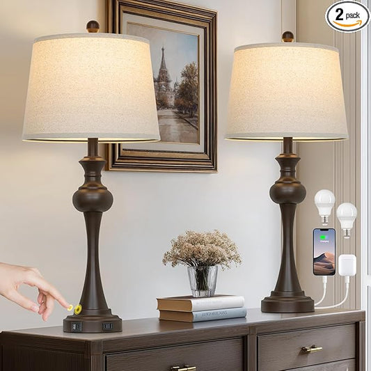 Touch Table Lamps Set of 2, 28.75" Tall Bedside Lamps with USB C+A Ports, 3-Way Dimmable Table Lamp, Nightstand lamps for Bedroom, Living Room, Office, Brown Lamps with Beige Lampshade, Bulbs Included