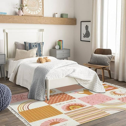 Boho Rug Baby Celestial Quilt Patchwork Sun Moon Rainbow Space Scandinavian Chic Area Rug Hallway Runner Rug Mat Minimalist Home Decor for Living Room Bedroom Nursery Playroom Classroom