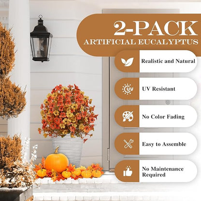 Artificial Topiary Bushes for Outdoors with Spike, Boxwood Ball Fake Shrubs UV Resistant Faux Plants for Indoor Outdoor Fall Thanksgiving Halloween Decor (Orange)