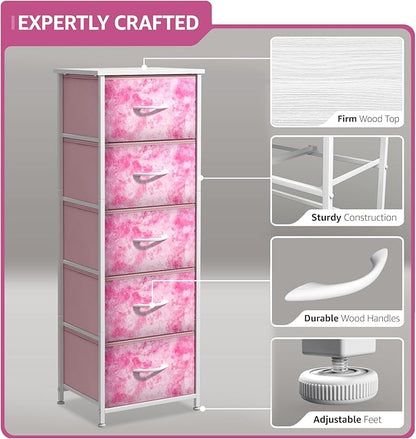Sorbus Fabric Dresser for Kids Bedroom - Chest of 5 Drawers, Tall Storage Tower, Clothing Organizer, for Closet, for Playroom, for Nursery, Steel Frame, Fabric Bins - Wood Handle (Tie-dye Pink)