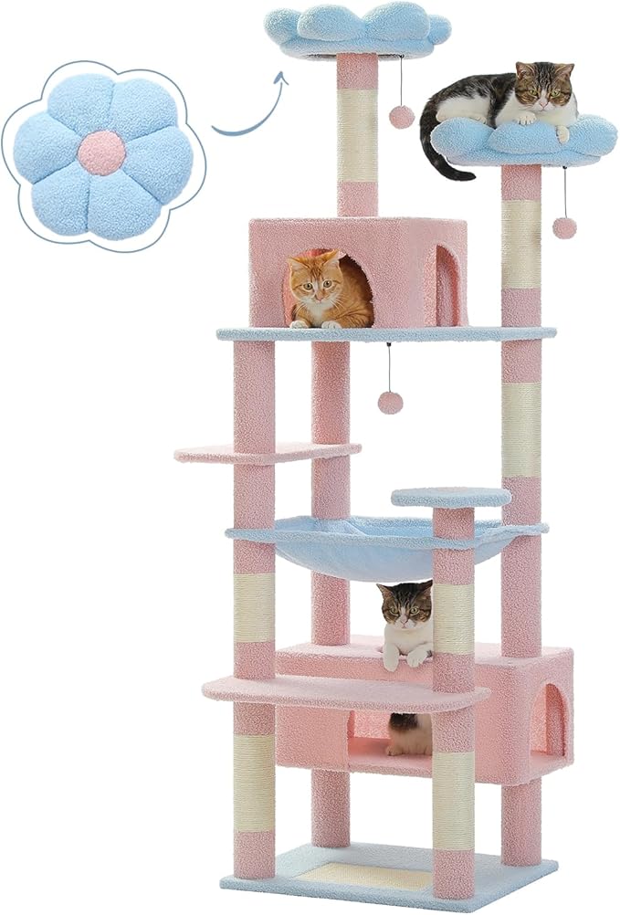 PAWZ Road Flower Cat Tree, 72 Inches Large Cat Tower with Steel Frame Hammock and 7 Scratching Posts, Tall Cat Tree with 2 Condos and Perches for Large Indoor Cats - Blue-Mewly Pet