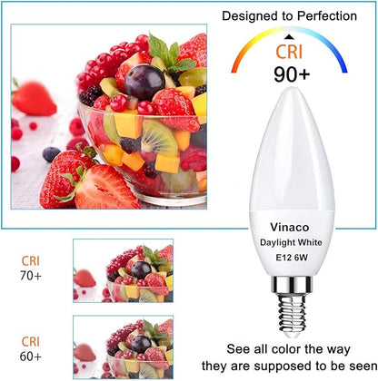 Vinaco E12 LED Bulb, 2 Pack E12 Candelabra Bulb 60 Watt Daylight White 5000K, High Brightness 600LM & 25000+ Long Lifespan E12 Bulb, E12 Candelabra Base, Light Bulb for Ceiling Fan Light Bulb