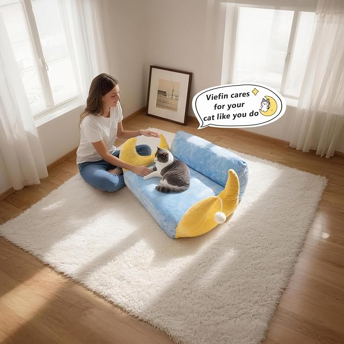 Cat Couch with Soft Pillow, Supportive Dog Couch, Cat Sofa with Removable Cover，Cute Moon Shaped, 24 Inch-Mewly Pet
