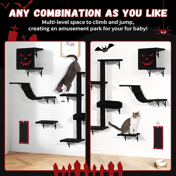 COZIWOW Wall-Mounted Cat Tree | Space-Saving Feline Furniture with Multiple Levels | Durable Scratch Post for Indoor Cats, Black&Red-Mewly Pet