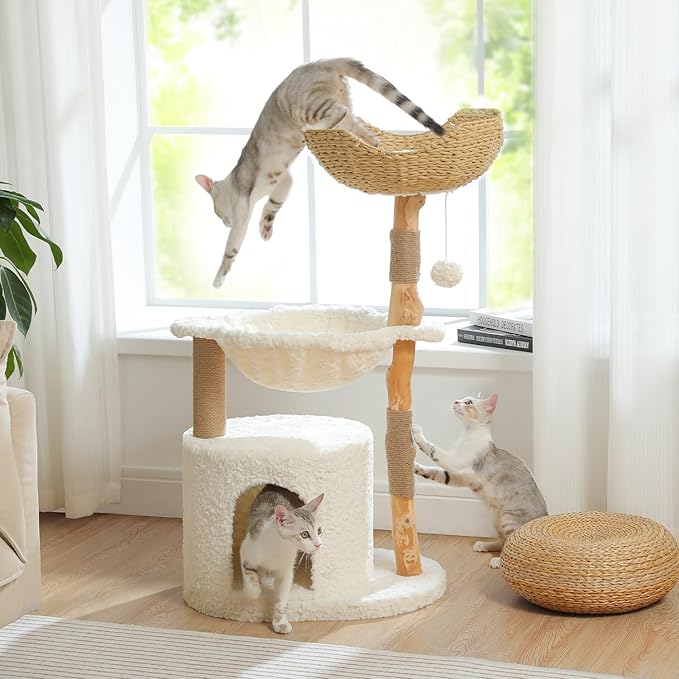 PAWZ Road Modern Cat Tree with Natural Solid Wood Scratching Post, 40 Inches Cat Tower with Spacious Wicker Basket,Large Hammock,Luxury Condo for Indoor Cats-Mewly Pet
