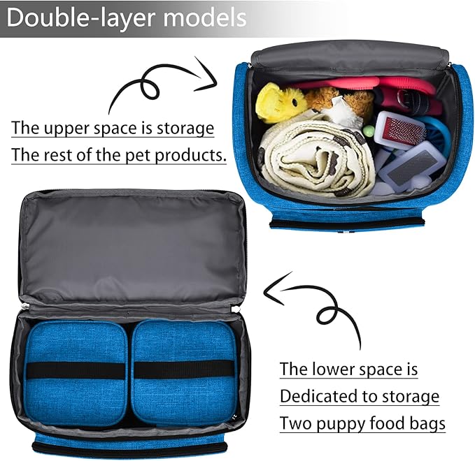 BAGLHER Pet Travel Bag, Double-Layer Pet Supplies Backpack (for All Pet Travel Supplies), Pet Travel Backpack with 2 Silicone Collapsible Bowls and 2 Food Baskets Blue-Mewly Pet