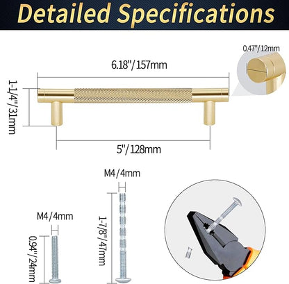 Knurled Cabinet Pulls 25 Pack, 6 Inch Long Cabinet Handles Metal Door Pulls, Kitchen Drawer Pull Knurled Dresser Handles - 5" Hole to Hole, Golden
