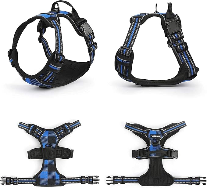 rabbitgoo Dog Harness No-Pull, Comfortable Padded Plaid Harness with Handle Easy Control, Adjustable Reflective Pet Vest with 2 Leash Clips for Small Dog, Blue Plaid, S-Mewly Pet