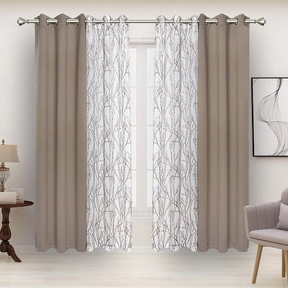 BONZER Mix and Match Curtains - 2 Pieces Branch Print Sheer Curtains and 2 Pieces Blackout Curtains for Bedroom Living Room Grommet Window Drapes, 37x95 Inch/Panel, Taupe, Set of 4 Panels