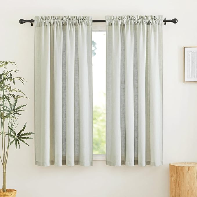 RYB HOME Sage Linen Curtains 63 Inch Length for Bedroom 2 Panels Light Filtering Privacy Semi Sheer Curtains for Kids Room Livingroom Rod Pocket Window Panels Country Farmhouse 52x63 Long