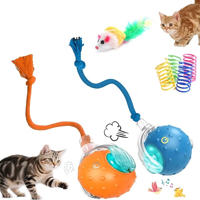 2-Pack Interactive Cat Toys Ball - 2025 New Gen with 360° Auto-Rotation Smart Obstacle Avoidance,Includes 4 Cat Spiral Spring＆1 Furry Cat Toy Mice,Ideal Kitten Toys for Bored Indoor Cats(Orange＆Blue)-Mewly Pet