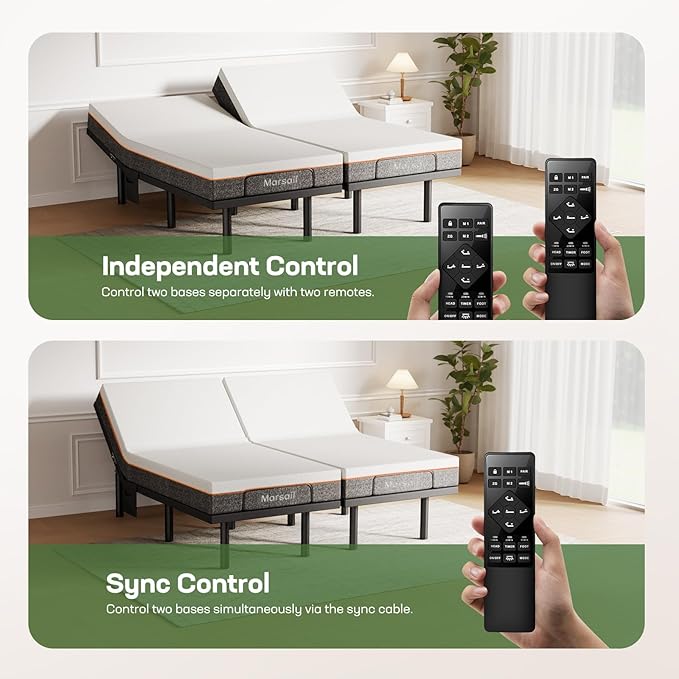 Marsail MS01-1 Split King Adjustable Bed Frame with Massage + 10-inch Gel Memory Foam Mattress, Adjustable Bed Base with Under-Bed Nightlight, Wireless Control Massage Adjustable Bed, Split King