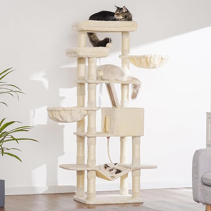 Heybly Cat Tree, 68 inch Multi-Level Cat Tower for Indoor Cats, 2 Widened Plush Perches Cat Condo with Scratching Board and Big Caves, Beige HCT025M-Mewly Pet