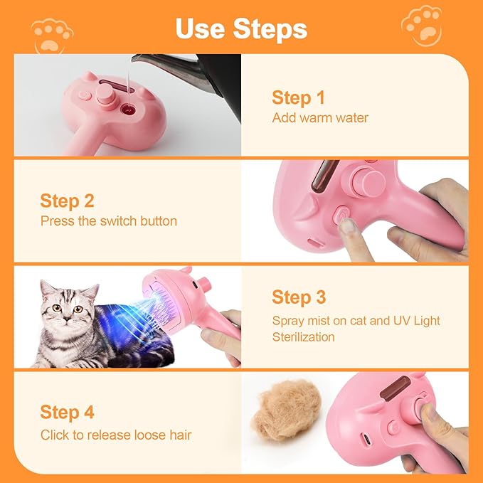 Cat Steam Brush for Shedding, 4 in 1 Steamy Cat Brush with Release Button, Self Cleaning Metal Pet Misting Hair Comb with Handle for Grooming Kitten Dog(Pink)-Mewly Pet