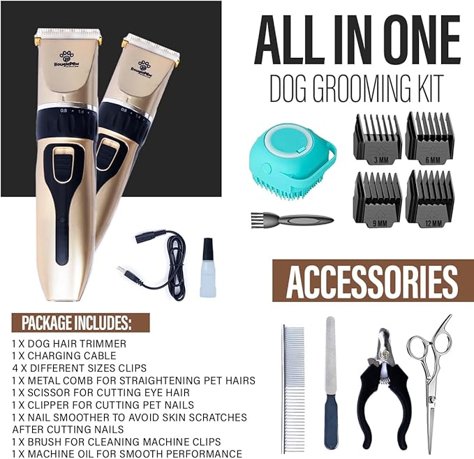 Grooming Kit for Dogs at Home - Rechargeable Low Noise Cat and Dog Shavers & Clippers for Grooming Thick Hair - Cordless Grooming Clippers Includes Pet Hair Clippers, Nail Trimmer, Shears & Bath Brush-Mewly Pet